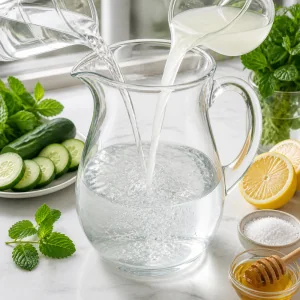 Coconut water poured into a clear glass pitcher