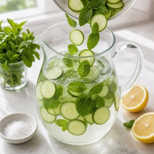 Cucumber slices and mint leaves added to the pitcher
