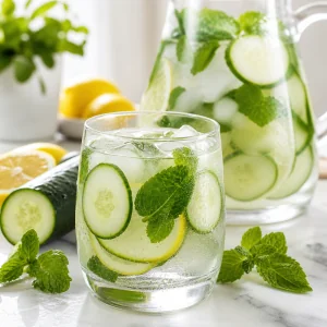 Glass of chilled cucumber mint electrolyte water