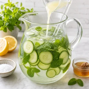 Lemon juice stirred into cucumber mint water