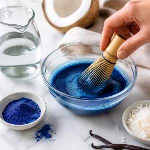 Blue spirulina whisked into warm water
