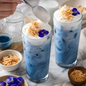 Coconut foam spooned over blue spirulina lattes