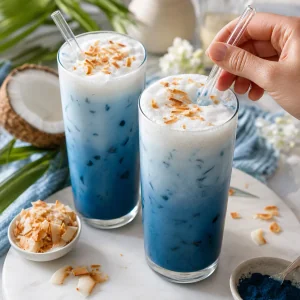 Finished blue spirulina lattes served with straws