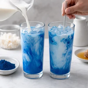 Milk poured into blue spirulina over ice