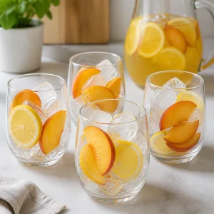 Glasses filled with ice, lemon slices, and peach slices