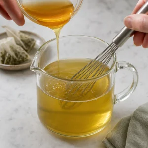 Honey being stirred into warm green tea