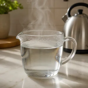 Hot water resting in a clear jug before brewing green tea