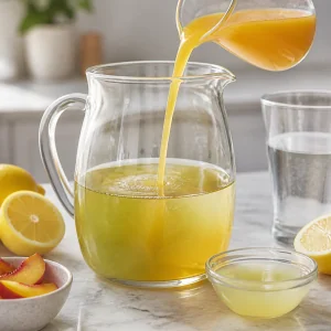 Peach nectar being poured into a pitcher of green tea