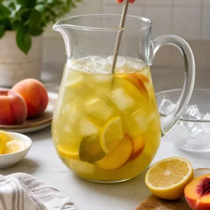 Pitcher of peach green tea lemonade being chilled with ice
