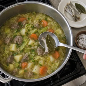 Alloro e ossa rimossi dalla zuppa finita