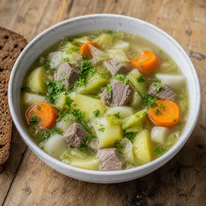 Finished Icelandic lamb soup with root vegetables in a bowl
