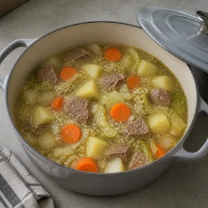 Zuppa di agnello finita che riposa fuori dal fuoco