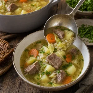 Zuppa calda di agnello versata in una ciotola con prezzemolo