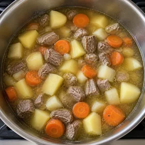 Agnello, patate, carote e rapa che sobbollono nel brodo