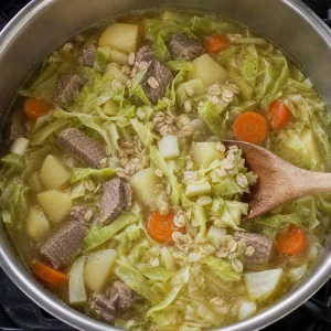 Cavolo affettato e avena mescolati nella zuppa di agnello