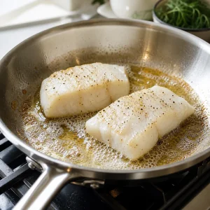Filetes de bacalao sellándose en mantequilla espumosa y aceite de oliva