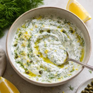 Salsa de skyr con eneldo limón ajo alcaparras y aceite de oliva en un bol