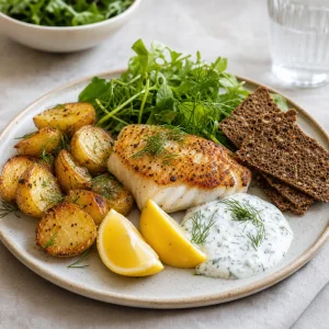 Cena islandesa de bacalao terminada con limón verduras patatas skyr y crujientes de centeno