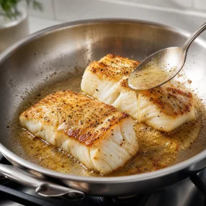 Filetes de bacalao dorados a la sartén bañados con jugos de mantequilla