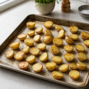 Patatas nuevas partidas asándose con aceite de oliva sal y pimienta en una bandeja