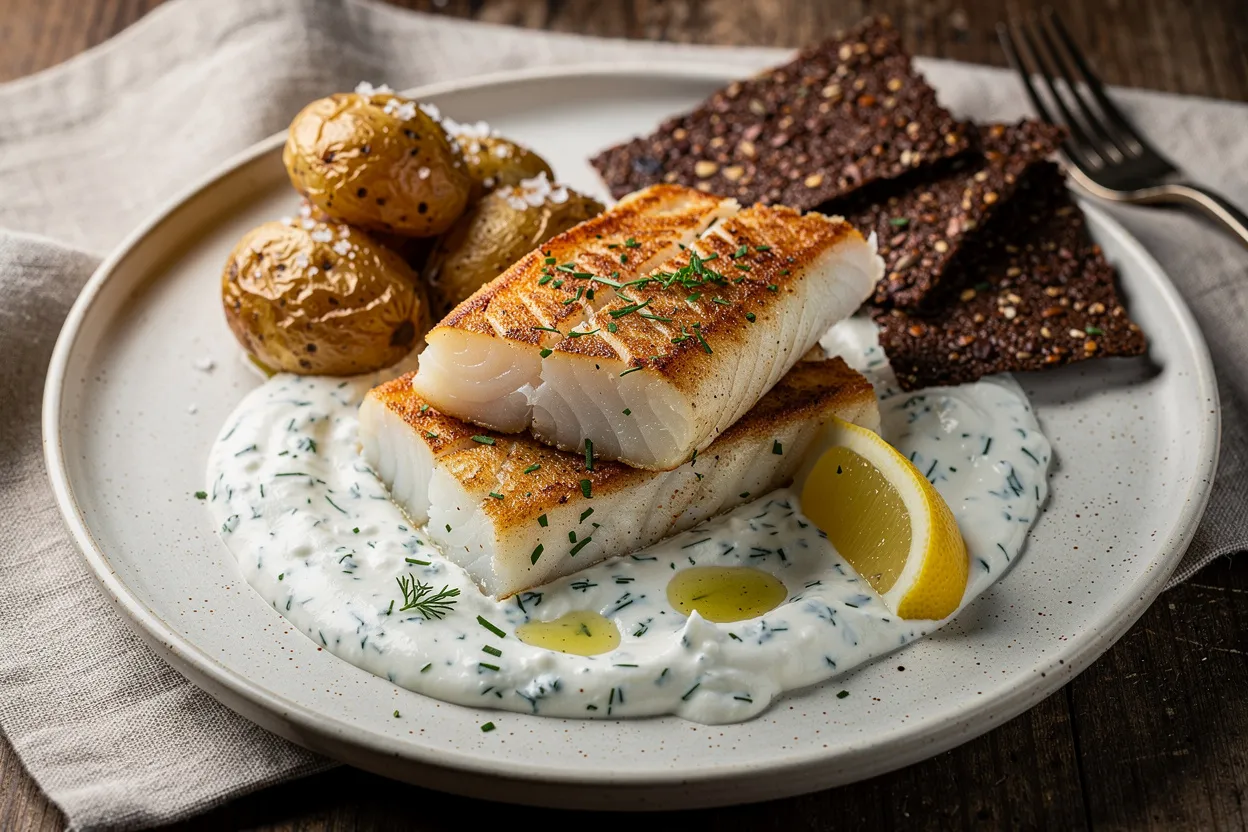 Bacalao islandés plancha con skyr y crujiente de centeno
