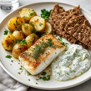 Bacalao sellado emplatado con patatas asadas salsa de skyr hierbas y centeno