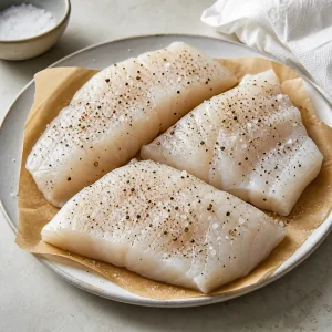 Filetes de bacalao sin piel secos y sazonados con sal y pimienta negra