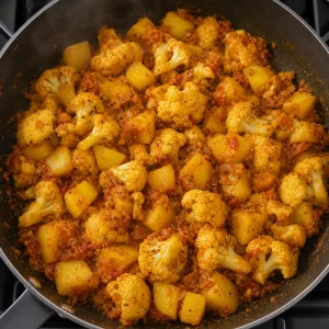 Cauliflower and potatoes cooking in masala