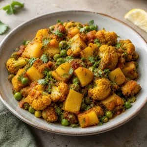 Gotowe aloo gobi z groszkiem w misce do podania