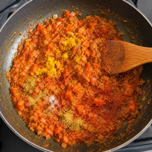 Ground spices blooming in tomato masala