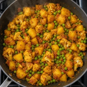 Peas stirred into potatoes and cauliflower
