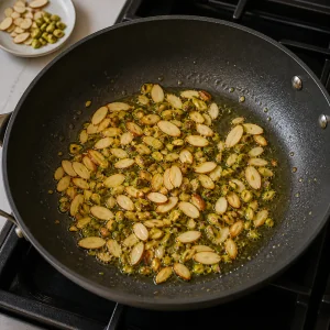 Almendras y pistachos tostándose en ghee