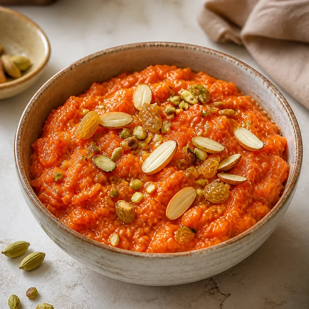 Halwa de zanahoria terminado con almendras y pistachos