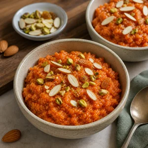 Halwa de zanahoria tibio servido en cuencos con frutos secos tostados