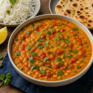 Fertiges Dal mit Koriander und Zitrone, serviert mit Reis und Fladenbrot