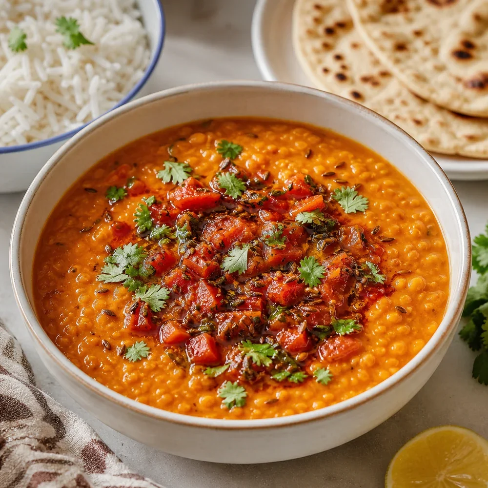 Fertiges Masoor Dal mit Tomaten-Tadka, Koriander, Zitrone, Reis und Fladenbrot