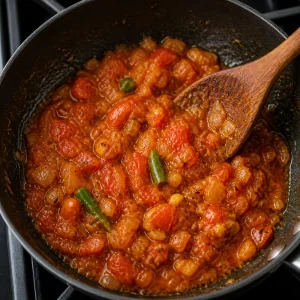 Dickes Tomaten-Tadka gart mit Gewürzen und grüner Chili