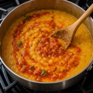 Tomaten-Tadka wird in cremig gekochte Linsen gerührt