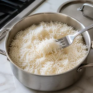 Sypki ugotowany ryż basmati w rondlu