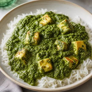 Saag paneer podany na ryżu basmati