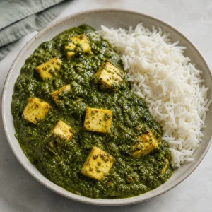 Saag paneer z ryżem basmati w misce