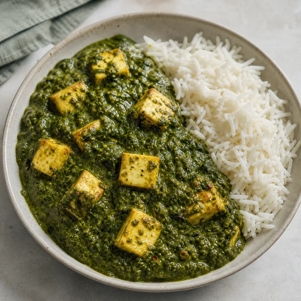 Saag paneer z ryżem basmati w misce