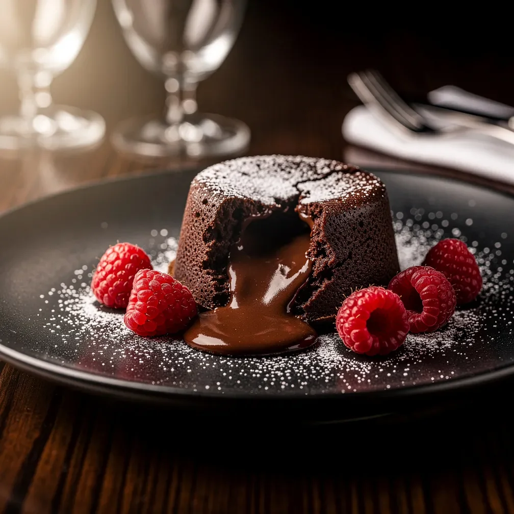 A decadent molten lava cake with liquid chocolate center flowing onto a plate with raspberries