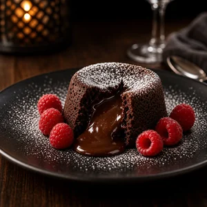 Schokoladenkuchen mit fluessigem Kern und Himbeeren