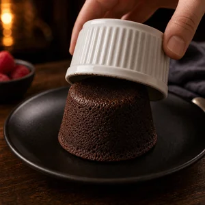 Foermchen wird von einem Schokoladen-Lava-Cake abgehoben