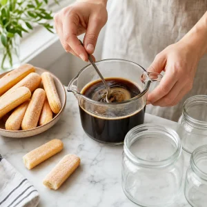 Espresso appena preparato che si raffredda in un misurino per vasetti di tiramisù
