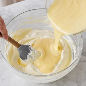Zabaione raffreddato incorporato al mascarpone liscio per una crema tiramisù setosa