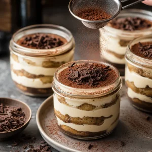 Vasetti di tiramisù finiti spolverati con cacao e scaglie di cioccolato fondente