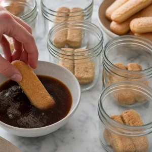 Savoiardo immerso brevemente nell'espresso e disposto sul fondo dei vasetti