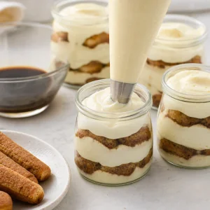 Crema al mascarpone versata sui savoiardi imbevuti di espresso nei vasetti di tiramisù